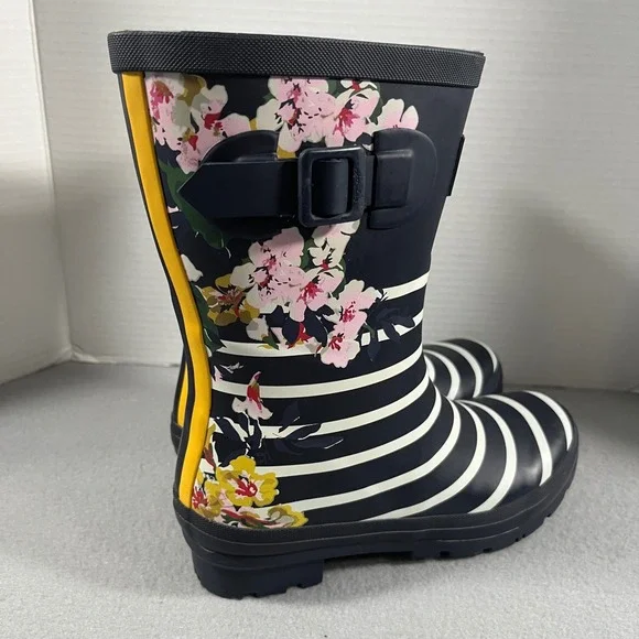 Joules Molly Welly Rain Boots Navy White Stripe Floral Buckle Women US 7 EU 38 - Picture 4 of 12